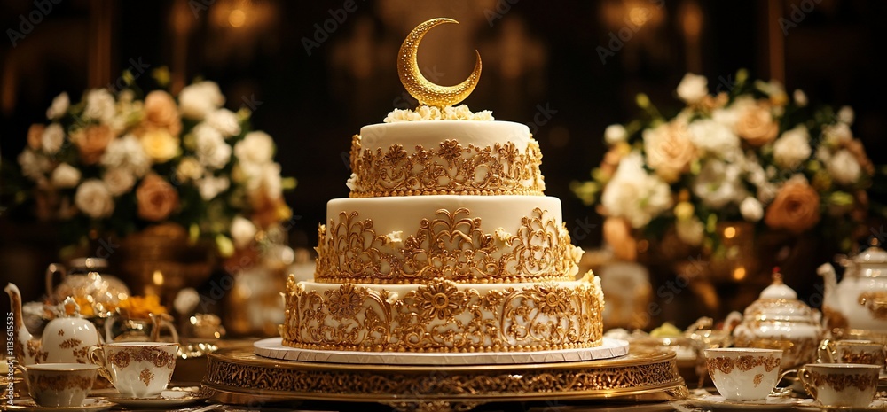 Elegant three-tiered wedding cake with gold crescent moon.