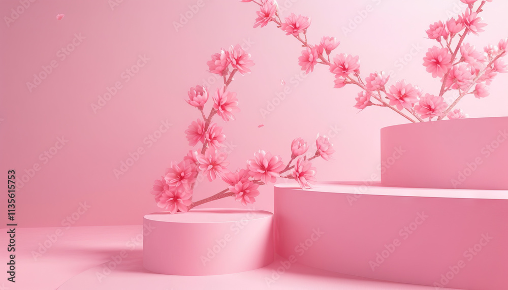 Pink Blossoms on Two-Tiered Pink Display Platform Pink Blossoms on Two-Tiered Pink Display Platform