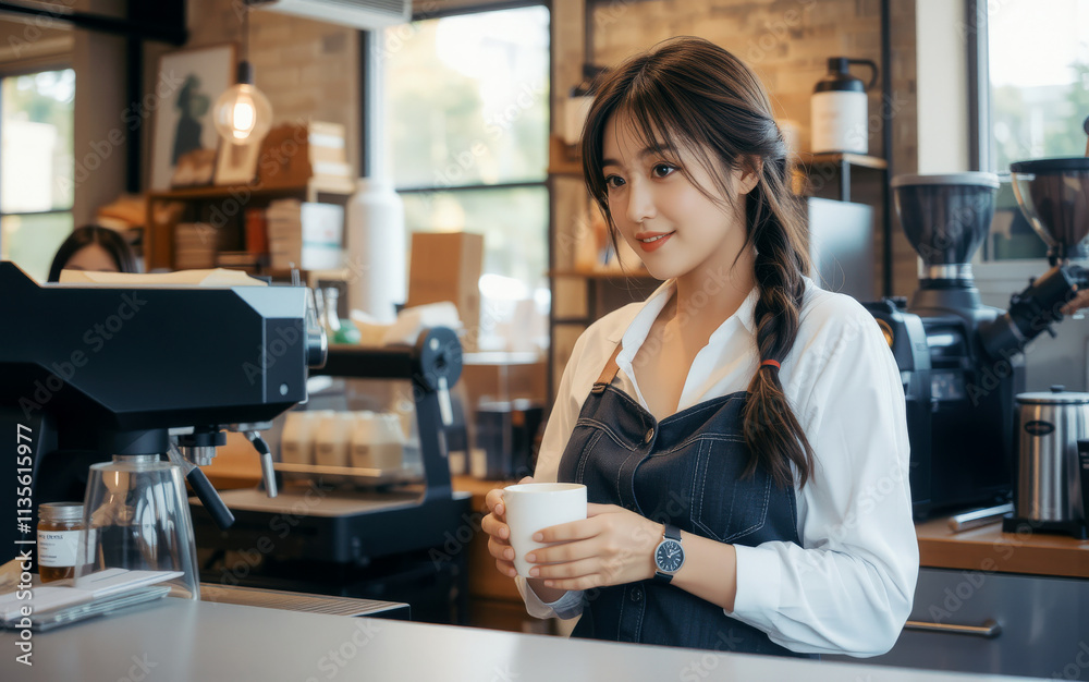 Barista in cozy cafe holding cup, smiling warmly at customers. inviting atmosphere features wooden decor and coffee machines, creating perfect spot for relaxation