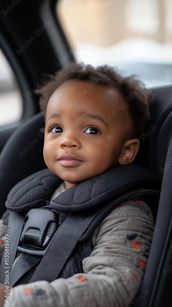 A happy child in a car seat