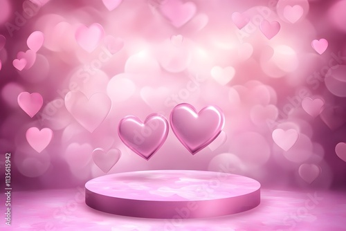 Pink Podium Background for product symbols of love, valentines day 3d. Valentines Day Pink Podium With Hearts With Gradient Mesh