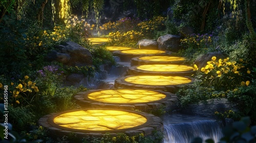 A magical garden trail of circular, textured stone tiles glowing with soft yellow light, bordered by cascading greenery and delicate flowers, winding toward a hidden retreat. photo