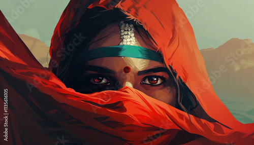 Stylized Portrait of a Woman in Orange Veil photo