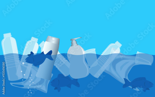 Graphic of plastic bottles floating in water, symbolizing environmental pollution and the global plastic waste crisis