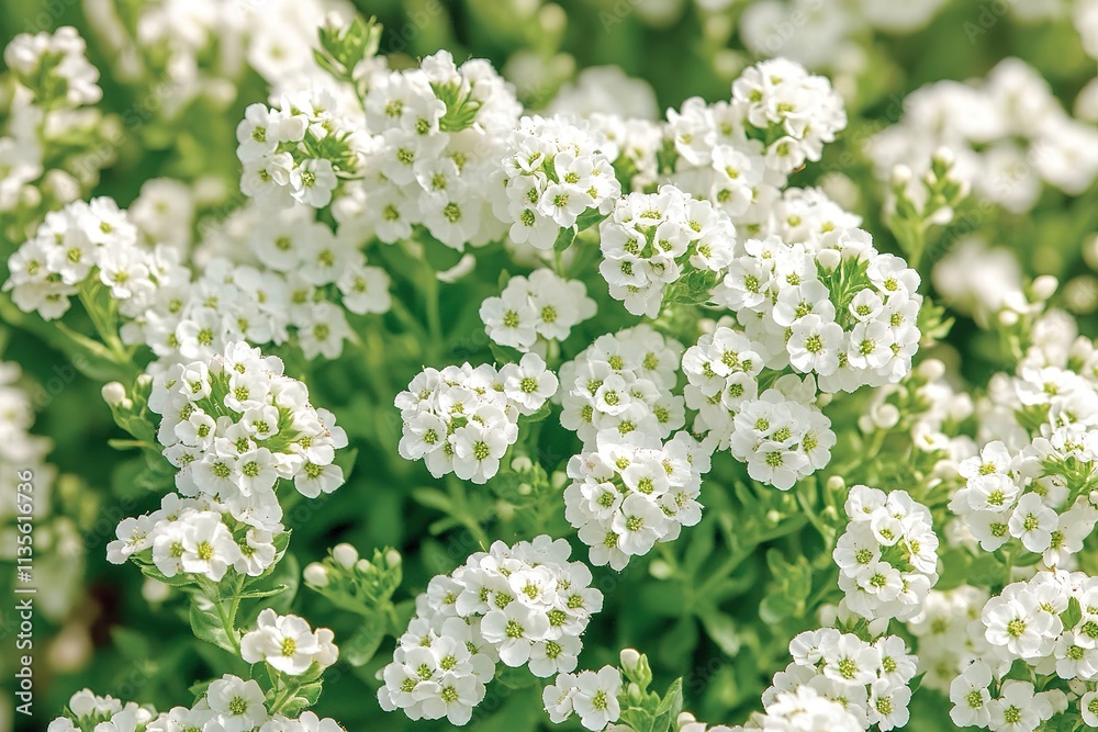 Delicate white flowers bloom abundantly in a lush green garden Delicate white flowers bloom abundantly in a lush green garden