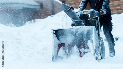 Snow removal with a snow blower on the street