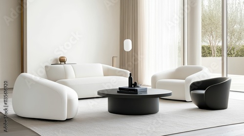 A living room with white furniture and a black coffee table