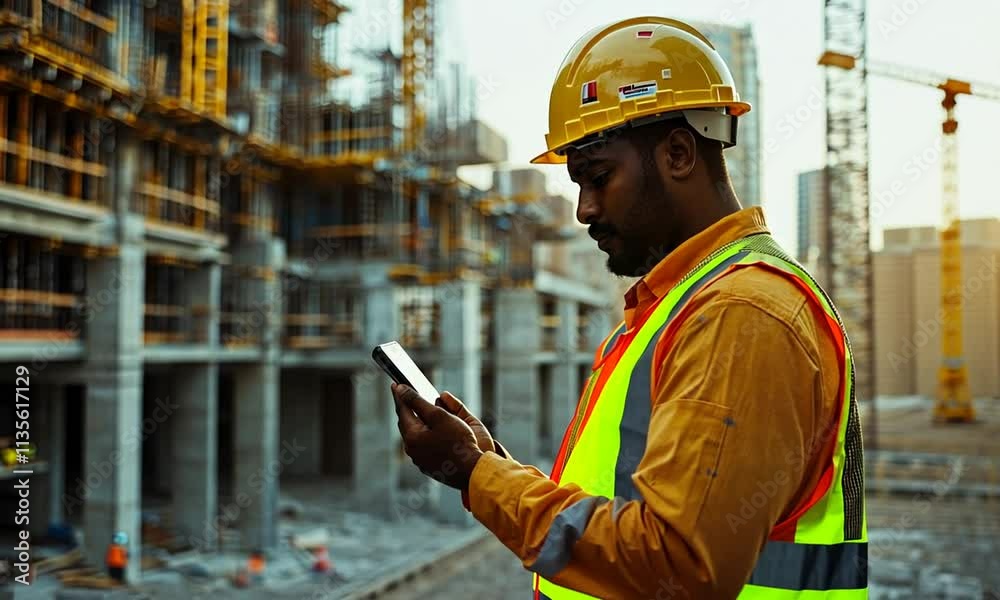 A construction worker checks his phone at a building site, managing tasks and communication.