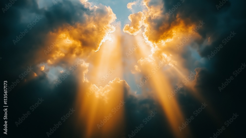 Obraz premium Golden sunlight breaks through dramatic dark storm clouds from heaven that symbolizes hope, strength, and the raw beauty of God in nature