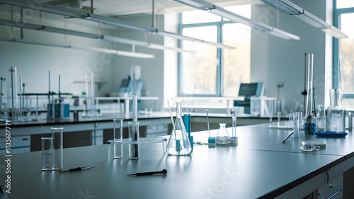 Empty research laboratory with sterile white walls and stainless steel tables. The absence of activity symbolizes potential and the promise of future discoveries.