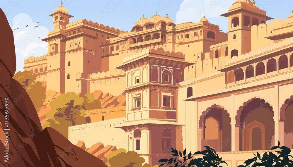 Obraz premium Illustration of a Hillside Fortress Complex in India
