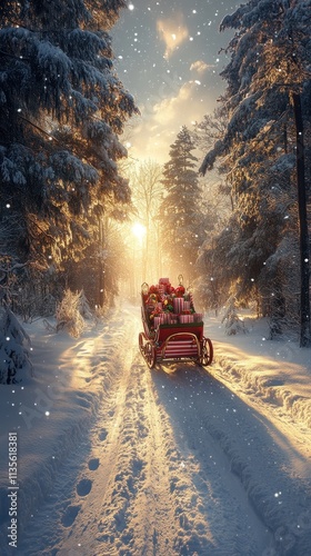A festive sleigh loaded with gifts travels through a snowy forest at sunset.