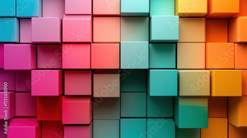 Abstract Colorful Cube Mosaic: A Vibrant 3D Render of Interlocking Cubes in a Spectrum of Hues