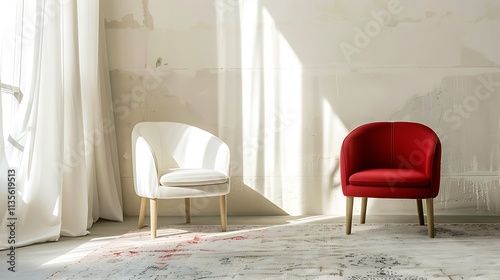A red chair with a white wall behind it