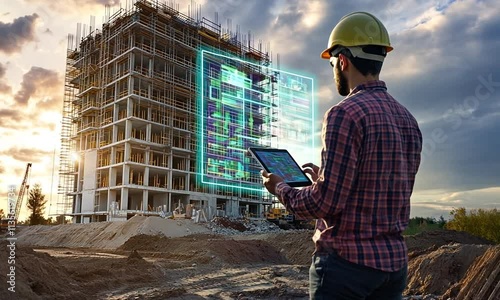 A construction worker uses a tablet to monitor building progress with digital overlays.