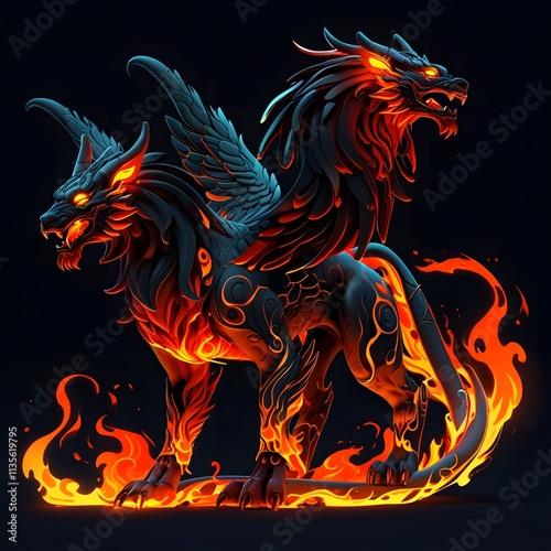 Wallpaper Mural Mythical creature battle fiery two-headed beast fantasy realm digital art dark background dramatic viewpoint Torontodigital.ca