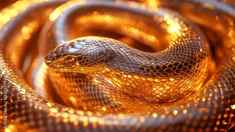 Fototapeta premium Bright golden snake basking under warm light in a tranquil setting