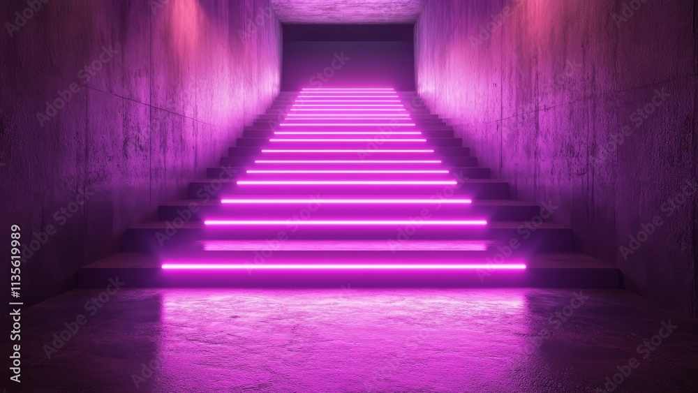 Stairway illuminated with neon pink lights in a dark environment Stairway illuminated with neon pink lights in a dark environment