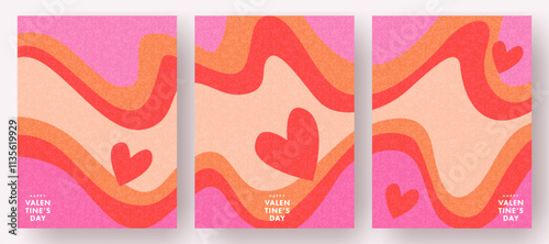 Creative concept of Happy Valentines Day cards set. Modern abstract art design with hearts and liquid waves. Templates for celebration, ads, branding, wall decor, banner, cover, label, poster, sales