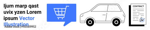 Shopping cart in blue speech bubble, simple car outline, contract document. Ideal for online shopping, e-commerce, delivery services, business agreements, digital transactions, mobile commerce