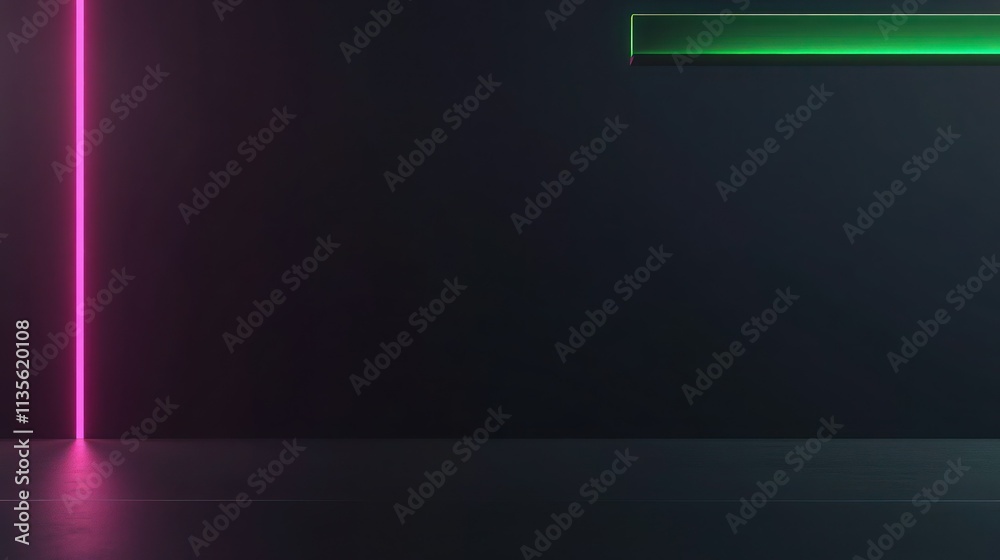 Obraz premium A simple dark background with a glowing magenta vertical line on the left side. On the top-right, a horizontal green bar emits soft light, forming a balanced.