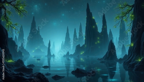 Swamp waters with sharp rocks that rise high at night