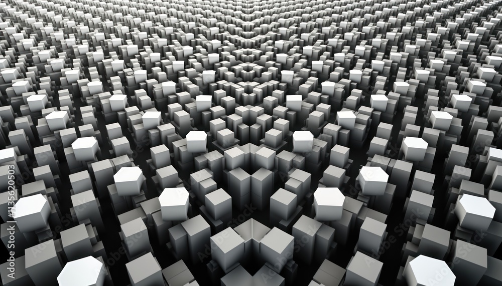 Fototapeta premium Abstract monochrome geometric pattern creates optical illusion. Layered 3D shapes form complex structures. Dynamic interplay of shapes, light-and-shadow creates depth. Minimalist design. Stylish