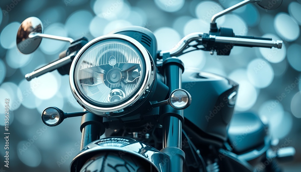 Fototapeta premium Artful Focus: Black Motorcycle Headlight and Handlebar Display