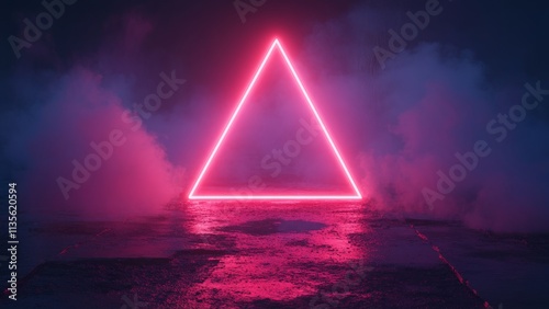 Neon triangle illuminated in foggy nighttime setting by water