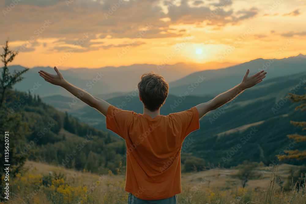A young man stands with arms outstretched, embracing the stunning sunset over rolling mountains and valleys. The golden light and open landscape symbolize freedom, joy, and connection with nature. A young man stands with arms outstretched, embracing the stunning sunset over rolling mountains and valleys. The golden light and open landscape symbolize freedom, joy, and connection with nature.