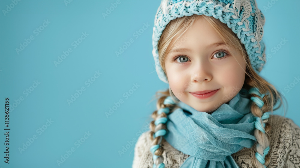 Charming portrait of a happy slavic girl in a cozy knit hat and sweater against a solid background Charming portrait of a happy slavic girl in a cozy knit hat and sweater against a solid background