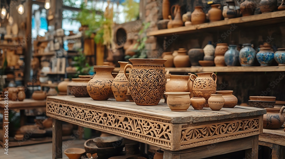 A handcrafted rustic wooden display stand with intricate carvings, showcasing artisanal pottery in a cozy craft market with warm natural lighting and earthy decor, charming and inviting. --ar 16:9 A handcrafted rustic wooden display stand with intricate carvings, showcasing artisanal pottery in a cozy craft market with warm natural lighting and earthy decor, charming and inviting. --ar 16:9