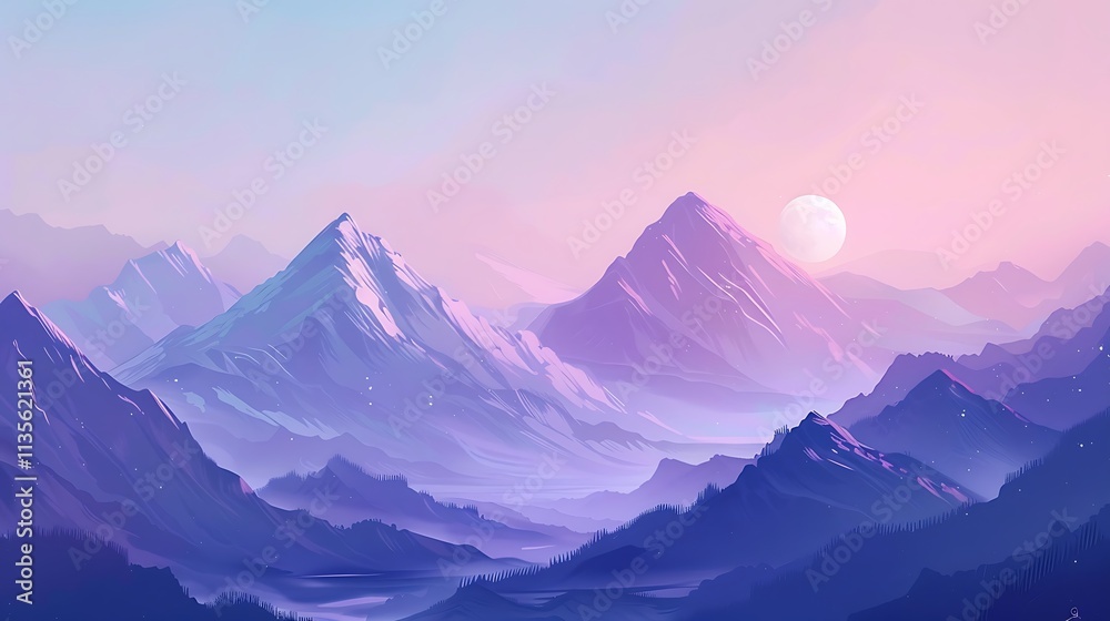 A mountain range with a moon in the sky
