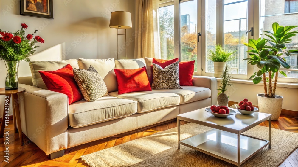 Cozy Living Room: Candid Photo of Red & White Couch Pillows Cozy Living Room: Candid Photo of Red & White Couch Pillows
