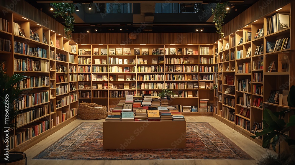 Obraz premium A lightweight cardboard stand with modular shelves, presenting books in a contemporary bookstore with vibrant decor and soft, diffused lighting, eco-friendly and practical. --ar 16:9
