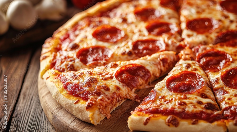 Delicious Pepperoni Pizza Slices on Wooden Board Delicious Pepperoni Pizza Slices on Wooden Board