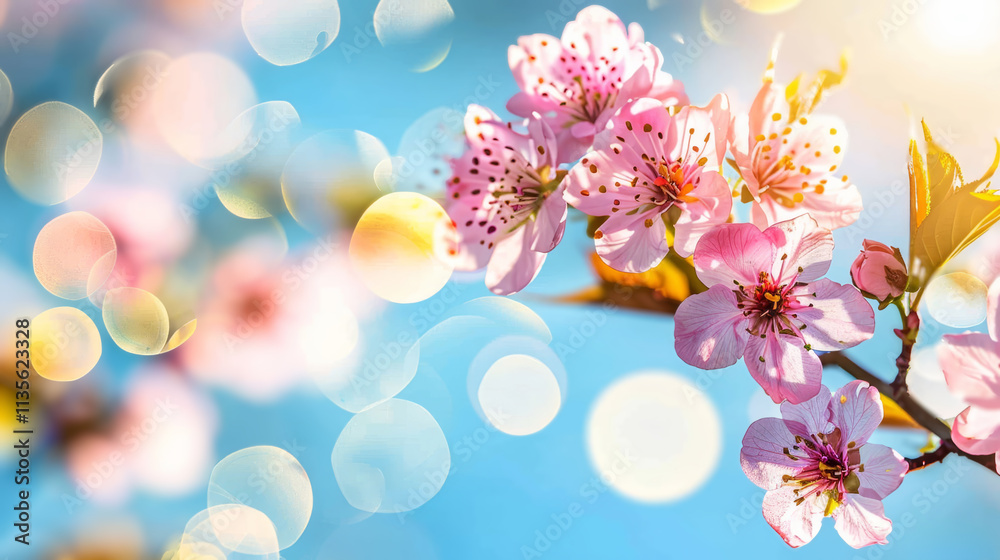 Springtime banner featuring pink cherry blossoms and golden bokeh for chinese new year celebration Springtime banner featuring pink cherry blossoms and golden bokeh for chinese new year celebration