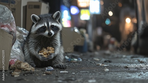 Raccoon sitting amidst garbage at night, holding food.