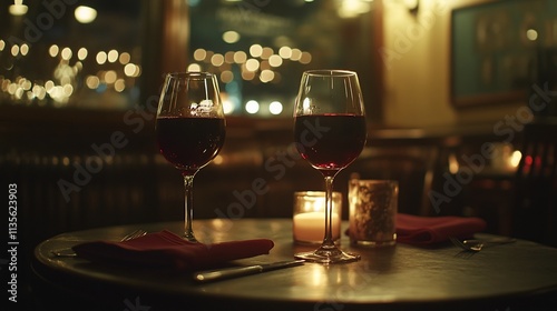 Romantic dinner for two with red wine.