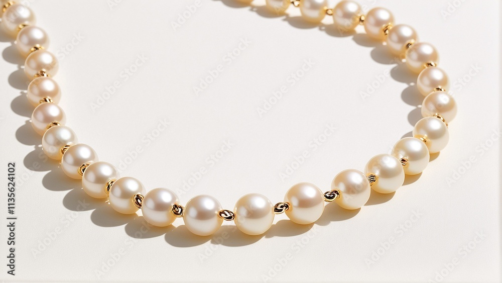 A pearl necklace with a series of pearls in varying sizes and colors, arranged in a curved pattern, is displayed against a white background. A pearl necklace with a series of pearls in varying sizes and colors, arranged in a curved pattern, is displayed against a white background.