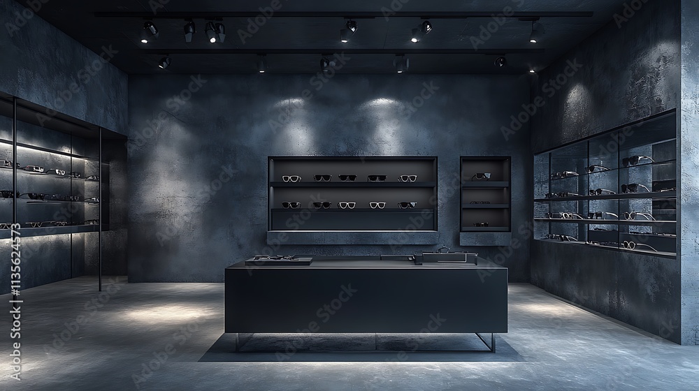 A minimalist metal display stand in matte black, presenting designer sunglasses in a high-end retail space with bright ambient lighting and a sharp, modern aesthetic, stylish and functional. A minimalist metal display stand in matte black, presenting designer sunglasses in a high-end retail space with bright ambient lighting and a sharp, modern aesthetic, stylish and functional.