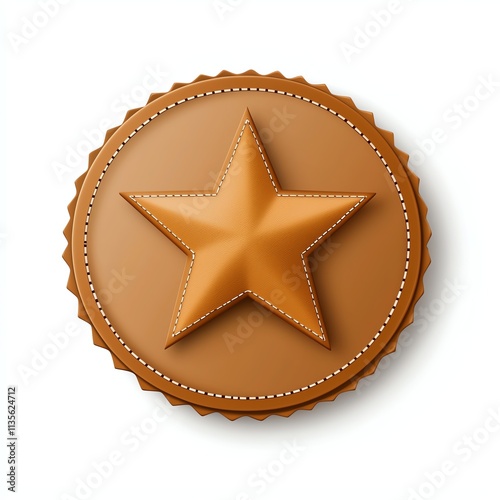 Leather star badge with a stitched border on a circular base in a warm tan color. photo