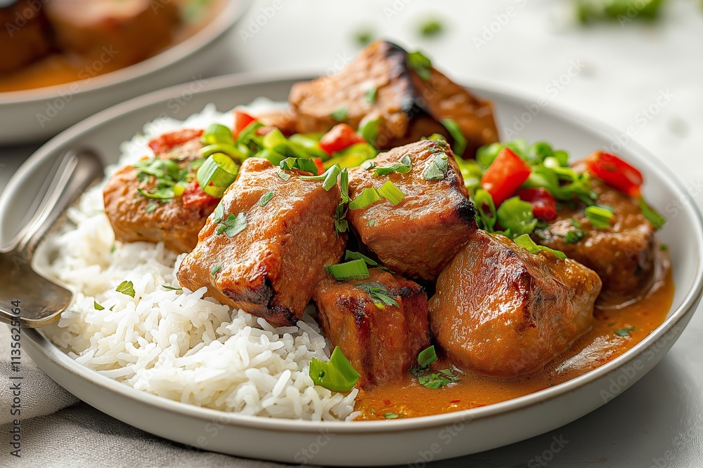 Indulge in the rich flavors of Bicol Express, a popular Filipino dish made with tender meat, served over fluffy rice, and garnished with fresh herbs and chili peppers. Indulge in the rich flavors of Bicol Express, a popular Filipino dish made with tender meat, served over fluffy rice, and garnished with fresh herbs and chili peppers.
