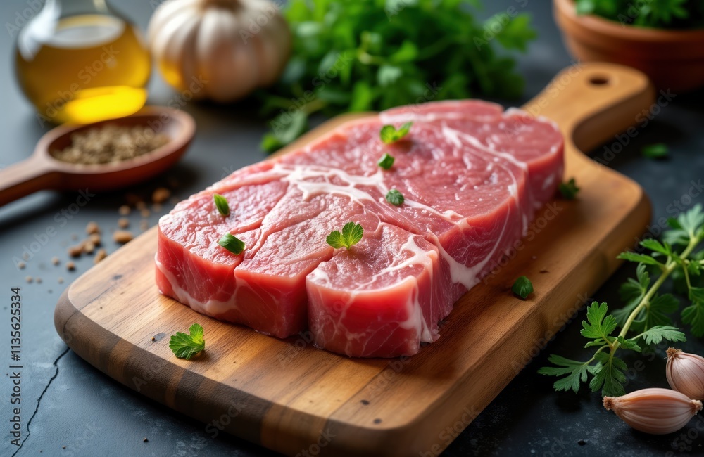 Raw pork neck meat cut into pieces ready for cooking. Fresh, uncooked pork meat. Ingredient for barbecue meal preparation. Ready to cook on grill. On wooden cutting board with herbs, spices. Kitchen Raw pork neck meat cut into pieces ready for cooking. Fresh, uncooked pork meat. Ingredient for barbecue meal preparation. Ready to cook on grill. On wooden cutting board with herbs, spices. Kitchen