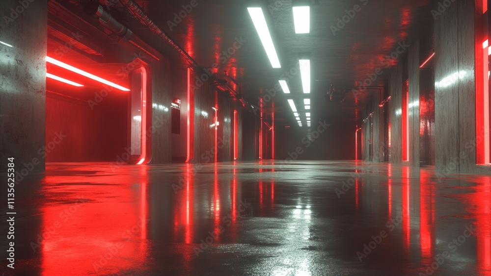 Modern corridor with glowing lights in an industrial space Modern corridor with glowing lights in an industrial space