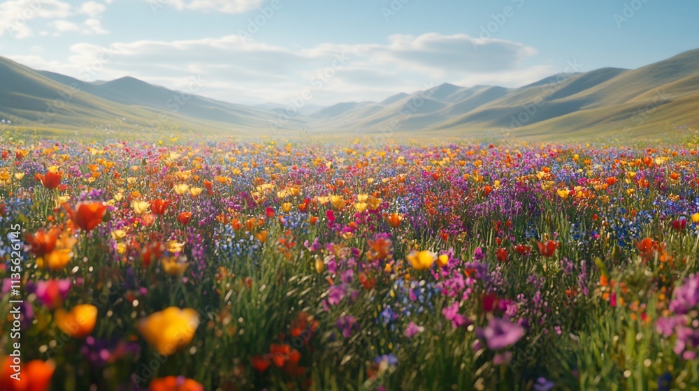 Fototapeta premium Vibrant wildflowers bloom in a vast mountain valley under a sunny sky.