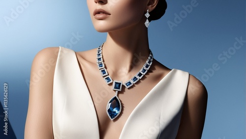 A woman wears a white dress and a necklace with blue gemstones, complemented by diamond earrings, against a blue background.