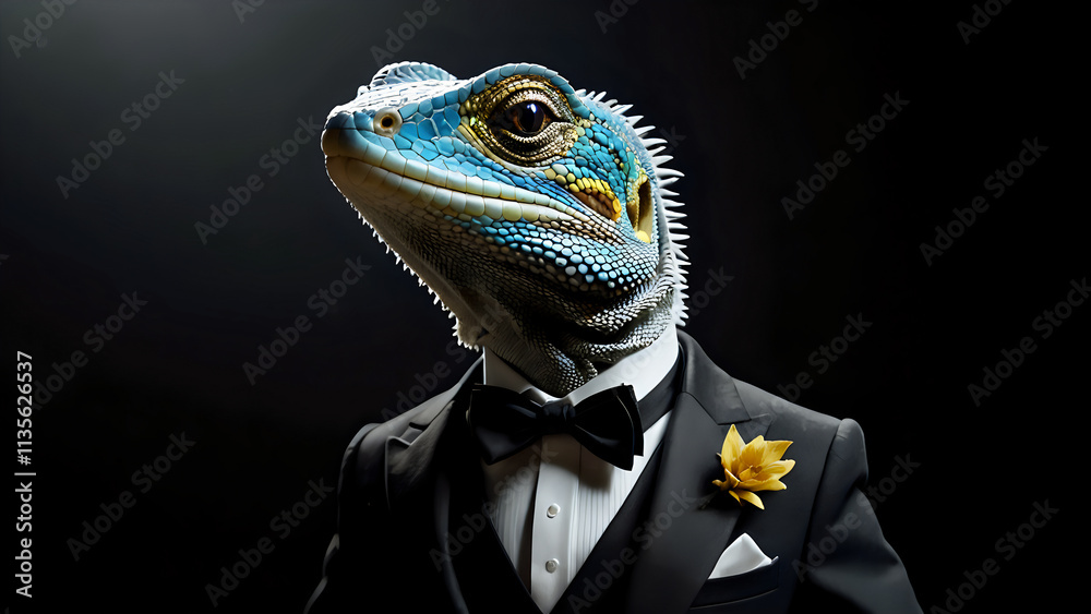 A portrait of a lizard in tuxedo. Black background. A portrait of a lizard in tuxedo. Black background.