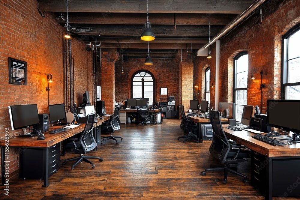 Modern Workspace with Industrial Brick and Wood Design Modern Workspace with Industrial Brick and Wood Design