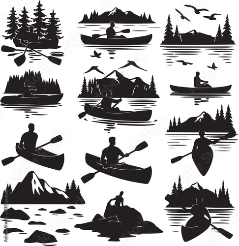 Outdoor Adventure Silhouettes Canoeing, Kayaking, Mountains, and Nature Elements